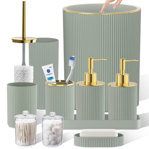 Sage Green Bathroom Accessories Set, 10PC Bathroom Set, Bath Accessory with Pop Up Trash Can, Soap Dispenser, Toilet Brush, Toothbrush Set Qtip Holders & Tray - color: Sage Green & Gold, size: 10-Piece Set (Accessories Only)