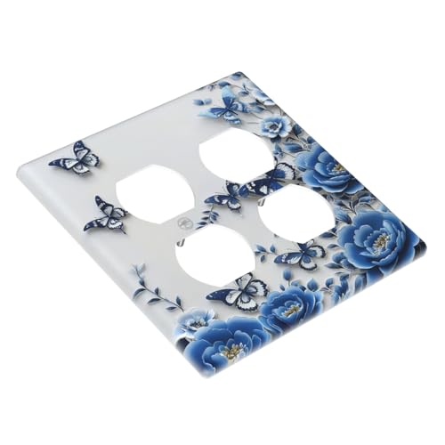 Light Switch Cover Plate Blue Peony Flowers Butterfly Vintage Floral 2 Gang Duplex Outlet Covers GFCI Decorative Switch PlatesWall Plates for Bathroom Bedroom Decor - color: Blue Peony Flowers Butterfly Vintage Floral, size: 2 Gang Duplex - 4.6 x 4.5 IN