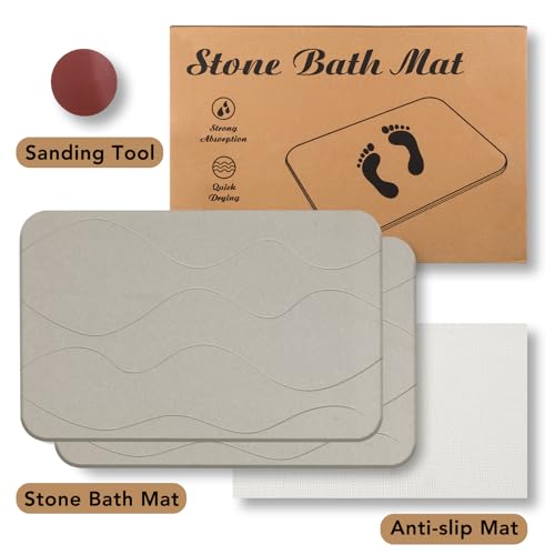 Stone Bath Mat, Diatomaceous Earth Shower Mat, Non-Slip Super Absorbent Quick Drying Bathroom Floor Mat, 2 Pack, Grey White - color: Grey White