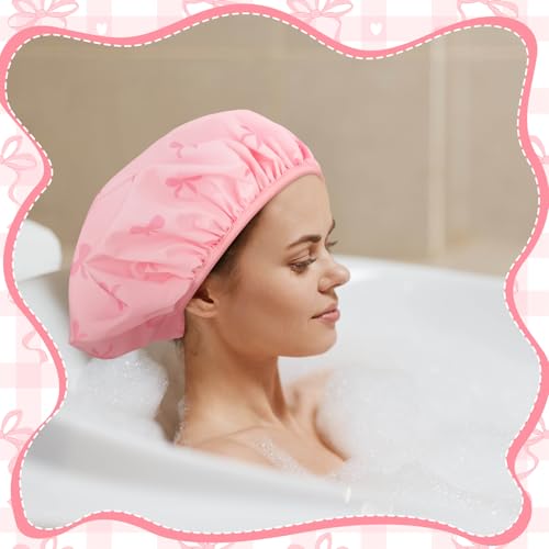 Janmercy Terry Lined Shower Cap for Women Pink Bow Extra Large Waterproof Shower Cap Reusable Double Layer Large Bath Hair Bonnet Washable Quick Dry for Braids Long Straight Curly Hair Women Gifts - color: Flat Bow, style: Pink Bow