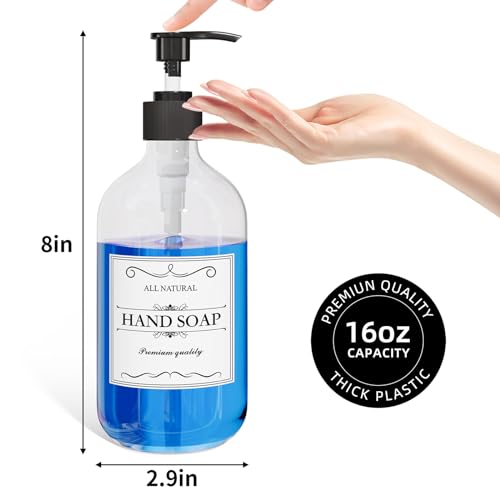 2PCS Clear Dish Soap Dispenser for Kitchen with Rust Proof Pump (16 Oz), Premium Hand Soap Dispenser for Bathroom, Plastic Liquid Soap and Lotion Dispenser/Bottles Set, Waterproof Labels - color: Clear