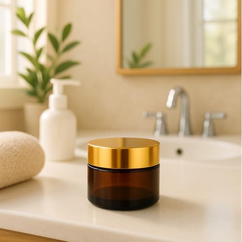 4 Packs 15ml/0.5Oz Amber Glass Cream Jars with Gold Lid Small Cosmetic Containers Refillable Skincare Travel Sample Jars for Face Cream, Balm, Lotion, Salve
