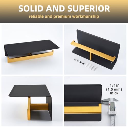 Angle Simple Double Toilet Paper Holder with Shelf, 304 Stainless Steel Bathroom Toilet Tissue Roll Holder for Wall Black and Gold - color: Black & Gold, size: Double Rod