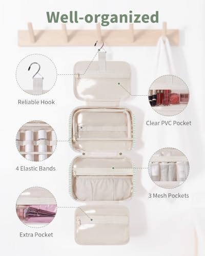 Narwey Striped Hanging Travel Toiletry Bag, Makeup Bag Organizer Make up Toiletries Bags for Full Size Essentials, Accessories, Brushes, Cosmetics (Mint Green Stripe, Large) - color: B-Mint Green Stripe, size: Large