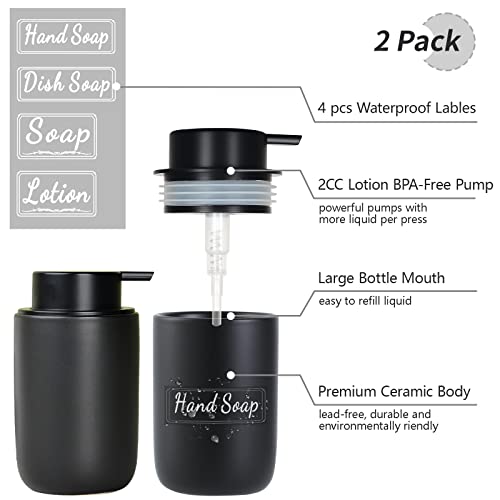 BosilunLife Black Soap Dispenser Set - 2 Pack 12oz Ceramic Dish Soap Dispenser with Rust Proof Pump for Kitchen, Hand Soap and Lotion Set Suitable for Farmhouse Bathroom Decor with Waterproof Labels - color: Black-liquid Pump