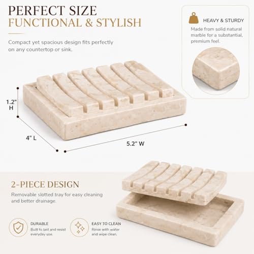 Creative Home Natural Champagne Marble Soap Dish, Beige, 5.2" x 4" | Handcrafted Stone, Non-Slip Base, Spa Collection Accessory, For Bathroom or Kitchen Sink - style: Soap Dish