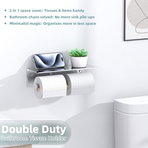 Double Toilet Paper Holder with Shelf Polished Chrome, APLusee SUS304 Stainless Steel Contemporary Bathroom Tissue Roll Holder Cell Phone Storage Rack - color: Polished Chrome, size: Double Rod