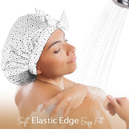 Yanibest Shower Cap for Women Reusable Waterproof, Adjustable Non-Slip Shower Hair Cap, Washable Bath Hat - color: White Dot
