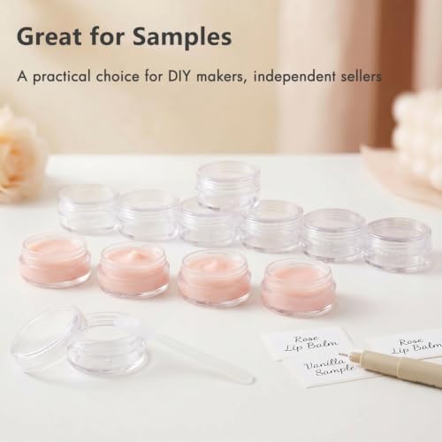 3 Gram Sample Jars with Lids, 25 Count Mini Cosmetic Containers - Makeup Travel Containers with Labels, Tiny Disposable Spatulas - color: Clear
