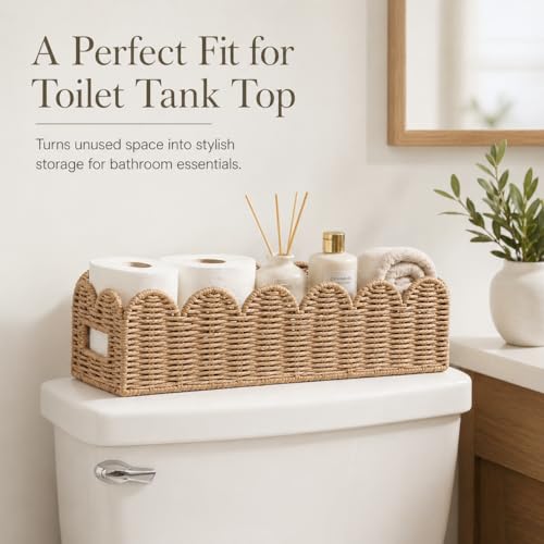Scalloped Toilet Tank Basket — Paper Rope Woven Toilet Paper Holder for Back of Toilet, Natural Scalloped Wicker Tray, Boho Bathroom Organizer and Storage for Tank Top, Countertop & Small Spaces - color: Khaki