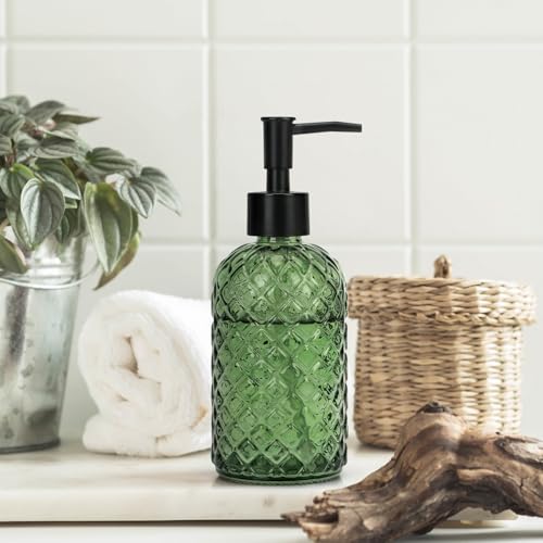 1 Pack 13.5oz Glass Soap Dispenser with Plastic Pump, Diamond Design Refillable Hand Soap Dispenser for Hand Wash, Bathroom and Kitchen (Army Green) - color: Army Green