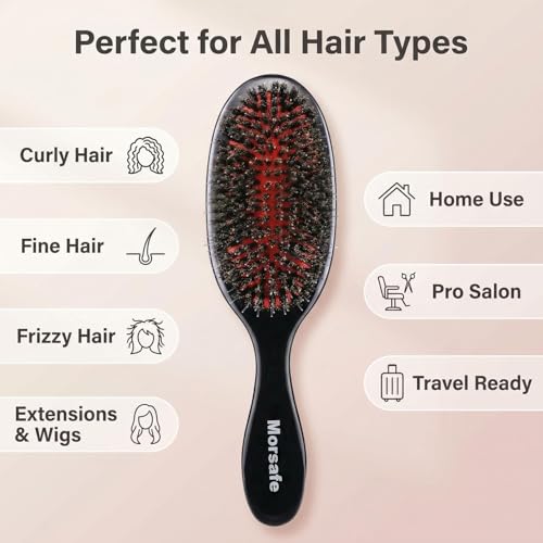 Boar Bristle Hair Brush for Women Men Painless Detangling Paddle Brush for Curly Fine Tangled Hair, Anti-frizz Boar Nylon Bristle Cushioned Brush, Includes Cleaning Tool