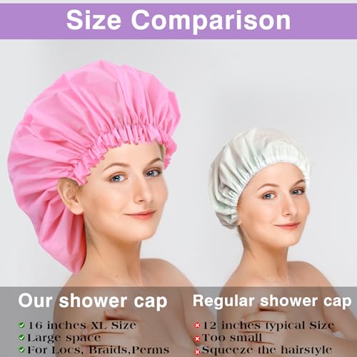 2 PCS Large Shower Cap for Braids - Waterproof Shower Cap for Women, Reusable XL Plastic Shower Caps Jumbo Bath Bonnet for Long Thick Curly Hair, Locs, Twist Braids (Pink, Purple) - color: Pink+Purple