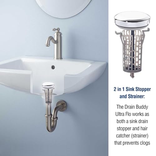 Drain Buddy Ultra Flo- 2 in 1 Bathroom Sink Stopper & Hair Catcher W/Patented Pull Clean Technology! | Fits 1.25” Sink Drains, Clog Preventing | Chrome Metal Cap / 1 Replacement Basket - color: Chrome