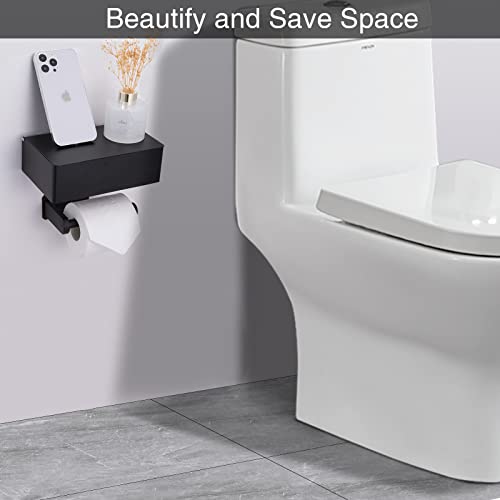 Adhesive Toilet Paper Holder with Shelf and Storage, Wall Mount Toilet Paper Roll Holder & Flushable Wipes Dispenser Set Fits Any Bathroom, Stainless Steel Tissue Holder-Round, Black - color: Matte Black Ground