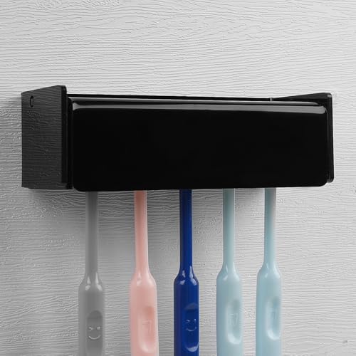 5 Slots Wall Mount Toothbrush Holder with Cover, Self Adhesive Toothbrush Storage Organizer for Shower, Toothbrush Hanger for Bathroom, Medicine Cabinet, Dorm (Black) - color: Black 1 Pack
