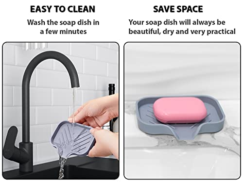 2 Pcs Grey Silicone Self Draining Rectangular Soap Dishes - Waterfall Soap Trays - Soap Dishes for Bar Soap - Soap Boxes - Soap Case - Soap Container - Soap Pads - Kitchen Sink - Shower - Bathroom - color: Gray, size: S(4.7X3.5) 2 PCS