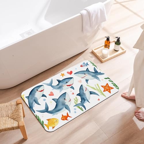 Bathroom Floor Mat,Cute Sharks Bathroom Rugs,Quick Dry Watercolor Fish Diatomaceous Bath Mat,Non Slip Super Absorbent Soft Floor Mat for Home Kitchen Dorm Patio 17 X 29.5 Inch - color: Cute Sharks