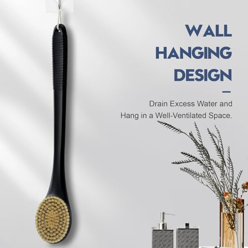 Back Scrubber for Shower, Shower Body Brush for Cleaning with Long Handle for Showering, 17 Inch Back Washer Exfoliator for Shower Men Women with Non-Slip Handle, Adhesive Hook (Black-Boar Bristles) - size: Black - Boar Bristles