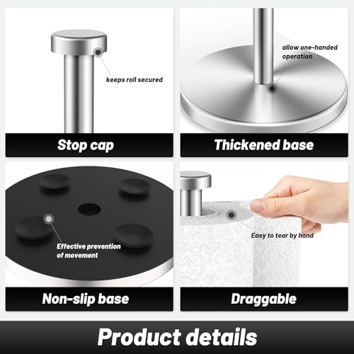 VEHHE Paper Towel Holder Countertop, Stainless Steel Paper Towel Holder Stand with Weighted Base Suction Cups, Standing Paper Towel Roll Holder for Kitchen Bathroom (Silver) - color: Suction Base | Silver
