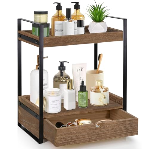Ukonvi 2-Tier Bathroom Organizer Countertop with Drawer, Wood Counter Shelf for Storage, Vanity Tray for Organization and Decor, Countertop Organizer for Bathroom, Kitchen, Office (Dark Brown) - color: Dark Brown