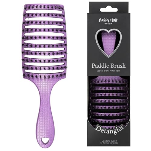 HAPPY HAIR BRUSH Happy Detangler Paddle Brush with Boar Bristles & Nylon Pins | Designed by Women to Detangle & Smooth Thick, Fine or Curly Hair | Pain-Free Slick Back Brush, Lightweight (Lavender) - color: Lavender