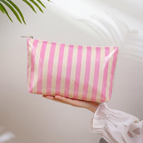 RSRSLEII Large Waterproof Travel Striped Makeup Bag, Aesthetic PVC Toiletry Bag, Coquette Cosmetic Bag, Sunscreen Accessories Storage Organization，Beach Travel Purse(11Pink&Beige) - color: 11Pink&Beige