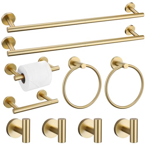 10 Pieces Brushed Gold Bathroom Hardware Towel Bar Set for Bathroom Wall, 23.6Inch Bathroom Accessories Set Upgraded Bathroom Towel Holder, Stainless Steel Towel Racks Bathroom Wall Mounted - color: Brushed Gold, size: 10 Pieces A