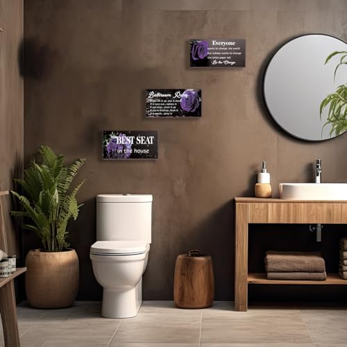 DONFENTHY 3 Pcs Purple Bathroom Rules Decor Rustic Wooden Best Seat in The House Rose Hanging Wall Art Bathroom Accessories for Toilet(Purple 10x5") - color: Purple Rose