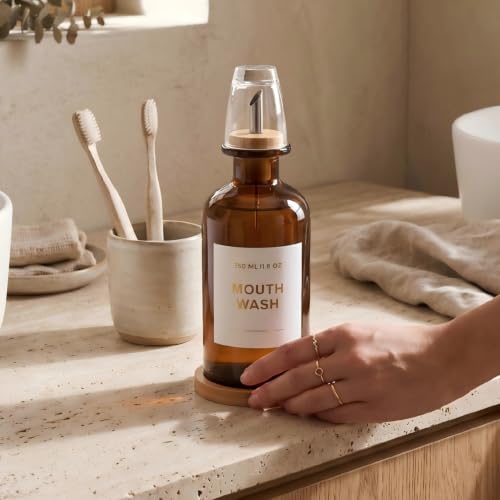 11.8OZ Glass Mouthwash Dispenser for Bathroom with Stainless Steel & Bamboo Nozzle, Mouthwash Cup Reusable, Bamboo Tray, and Elegant Gold Sticker.（Amber - color: Amber/350*1