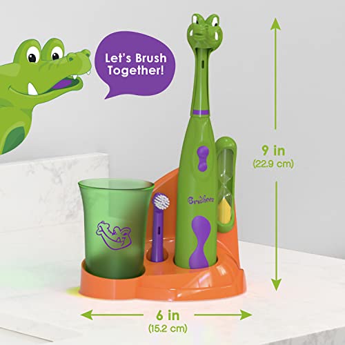 Brusheez Kids’ Electric Toothbrush Set - Safe & Effective for Ages 3+ - Parent Tested & Approved with Gentle Bristles, 2 Brush Heads, Rinse Cup, 2-Minute Timer, & Storage Base (Snappy the Croc) - color: Snappy the Croc