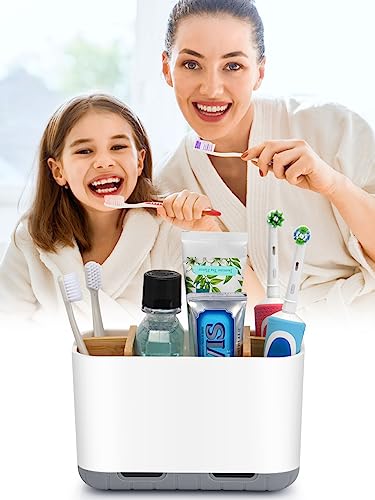 GFWARE Toothbrush Holders for Bathrooms - Bamboo Divider Toothbrush and Toothpaste Holder with Drainage, Kids Electric Toothbrush Organizer for Bathroom Countertop, White Tooth Brush Holder - color: White-l
