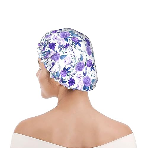 Violet Purple Rose Shower Cap For Women Adjustable Double Waterproof Layers Bathing Shower Hat Hair Protection Reusable Ladies Spa Salon Shower Hat - color: Purple Rose