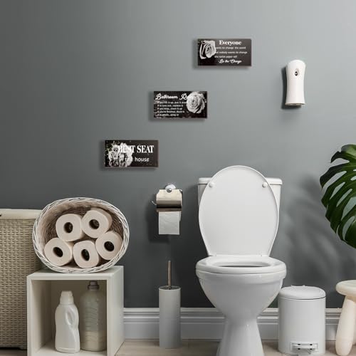 DONFENTHY 3 Pcs Black White Bathroom Rules Decor White Bathroom Decor Rustic Wooden Best Seat in The House Black Rose Hanging Wall Art Accessories for Toilet (10x5") - color: White Rose