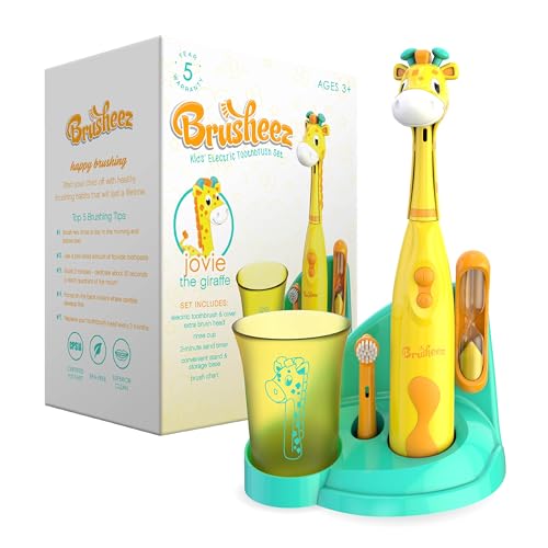 Brusheez Kids’ Electric Toothbrush Set - Safe & Effective for Ages 3+ - Parent Tested & Approved with Gentle Bristles, 2 Brush Heads, Rinse Cup, 2-Minute Timer, & Storage Base (Jovie the Giraffe) - color: Jovie the Giraffe