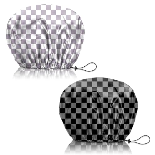2 PCS Shower Cap Reusable Waterproof Adjustable Double Layer Elastic Dry Hair Bathing Caps Aesthetic Cute for Women Girls-Purple Black Gray - color: H-2-Purple Black Gray