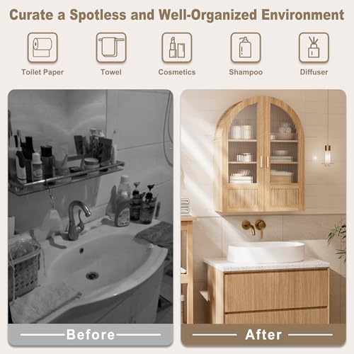 INNOD 4-Tier Arched Bathroom Wall Cabinet with Adjustable Wood Shelves, Over the Toilet Storage Cabinet with Acrylic Doors, Medicine Cabinet for Laundry Room & Living Room Kitchen (Natural Oak)