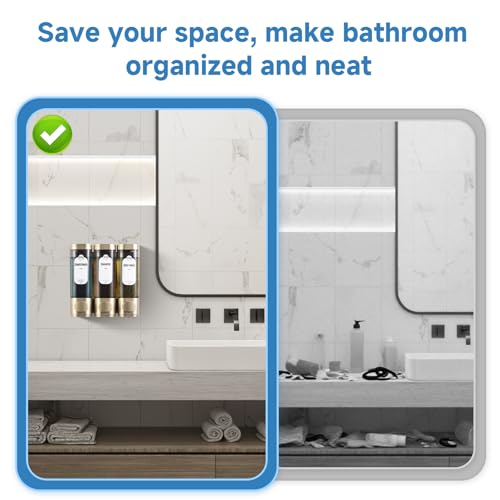 Shampoo and Conditioner Dispenser, Refillabe Shower Soap Dispensers 3 Chamber No Drill Shampoo Dispenser for Shower Wall Mounted 3 * 300ml Container for Bathroom Hotel (Bronze Gold 3 Chamber)