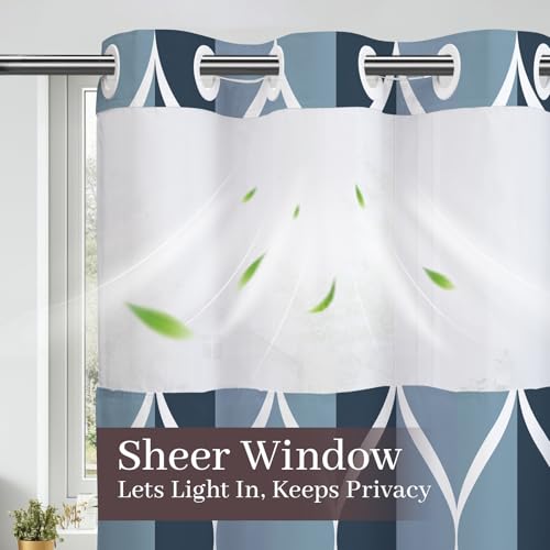Yiatn No Hook Aegean Blue Long Shower Curtain with Snap in Fabric Liner Set - Hotel Style with See Through Mesh Top Window, Modern Geometric Waterdrop Design,Waterproof and Washable, 71x86 INCH - color: A. Aegean Blue, size: 71"W x 86"L (Pack of 1)