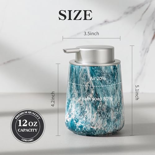 Enra Ceramic Hand Soap Dispenser,12 oz Blue Lotion Dispenser Bathroom Liquid Refillable Dish Soap Dispenser for Bathroom Kitchen with Easy-to-Press Silver Pump (Blue Liquid Type) - color: Blue Liquid Type