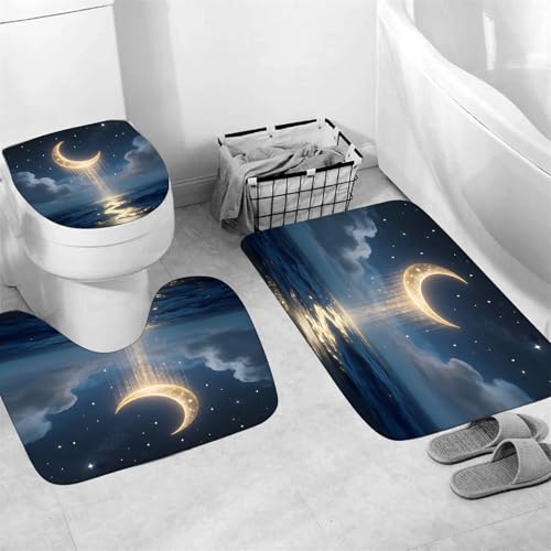 LQCOOL 4Pcs Moon Shower Curtain Set Blue and Gold Sea Bathroom Sets for Bathroom with Rugs Shower Curtain with 12 Hooks - color: Blue Moon