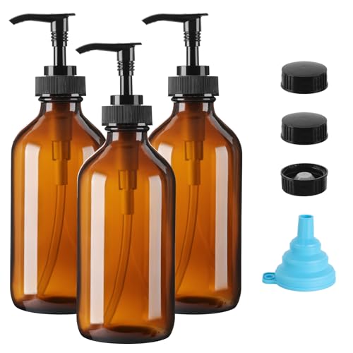 Vitreaux Amber Glass Soap Dispenser 8oz, 3 Pack with Leak-Proof Pump, Refillable Small Glass Bottles for Hand Soap, Lotion, Shampoo & Dish Soap, Includes Protective Black Caps & Easy-Pour Funnel