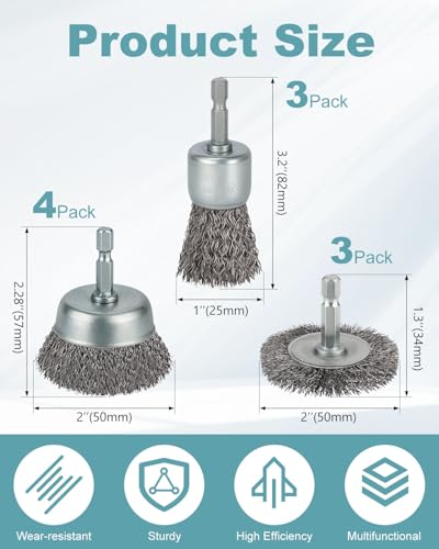 10 Pcs Wire Brush for Drill, Coarse Carbon Steel Crimping Wire Wheel Brush, 1/4 Inch Hex Shank, Cup Brush Drill Bit for Cleaning Rust, Stripping and Abrasive