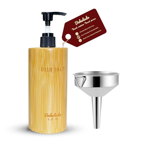 Natural Wood Soap Dispenser 6.9oz with Laser Engraved Bamboo Labels & 3.3" Steel Funnel | Hand Soap Dispenser for Kitchen & Bathroom Sink | Farmhouse & Boho Kitchen Decor, Spa Accessories (Dish Soap) - color: Dish Soap