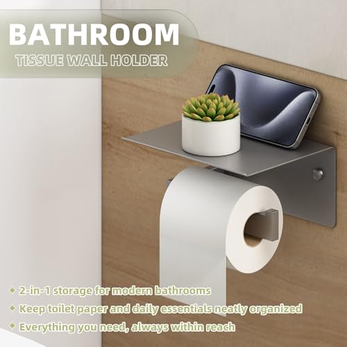 APLusee Toilet Paper Holder with Phone Shelf Gunmetal Gray, 304 Stainless Steel Rustproof Wall Mounted Heavy-Duty, Space-Saving for Modern Bathrooms - color: Gun Gray, size: Single Rod