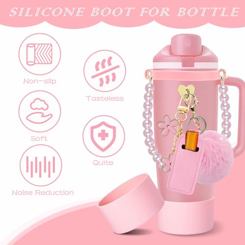 Compatible for Owala Accessories Bundle: Silicone Boot for FreeSip Sway 30oz & 40oz Bottles, Charms, Pearl Handle Strap, Rubber Bottom & Decorative Add-ons - color: Pink Peony