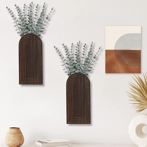 Dnnnii 2 Pack Wooden Wall Vase Set - Dark Brown Finish Modern Farmhouse & Boho Wall Decor for Entryway, Hallway, Bathroom, Living Room, Dining Room, Narrow Spaces - color: Dark Brown