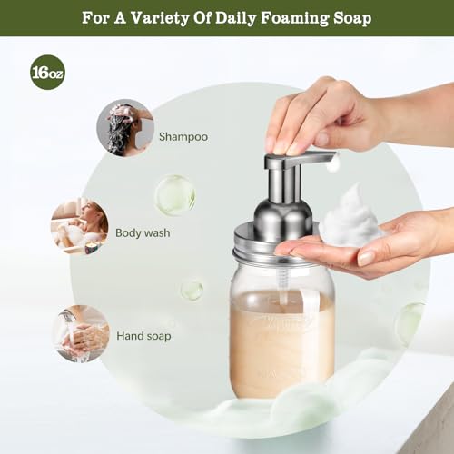 Amolliar Plastic Mason Jar Foaming Soap Dispenser with Pump Lid,16OZ Refillable Hand Soap Dispenser Set with Cute Lables - Farmhouse Decor for Kitchen/Bathroom, Lotion Dish Soap (2 Pack, Silver) - color: Clear Jar With Silver Pump, size: 2 Pack