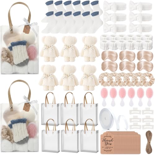 6 Set Spa Gifts Bulk for Women, Sleepover Party Favors Supplies for Bridesmaid Bridal Shower Wedding Guests Baby Shower Birthday Gift with Towels Socks Hair Tie Clip Eye Masks(White) - color: White