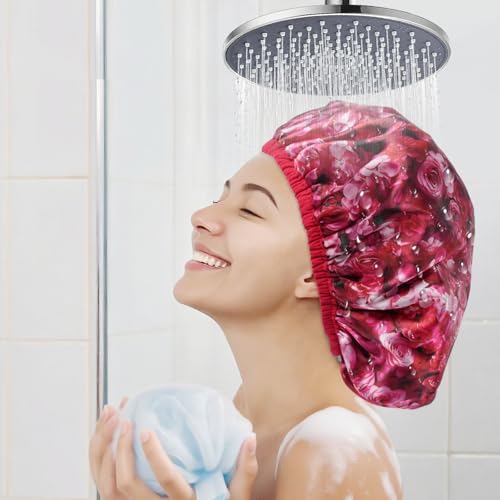 Upgraded Waterproof Terry Shower Cap, Reusable Shower Cap for Women with Long Hair, Soft Absorbent Hair-Protecting Towel Lining Bath Cap, Large Leak-Proof Hair Cap with Fashionable Print Outer - Red - color: Red